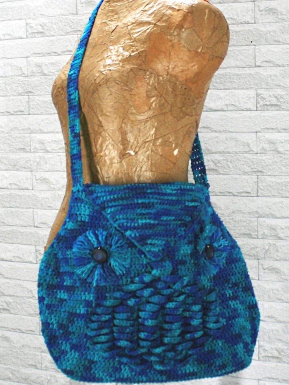 HAND CRAFTED Purse Crochet Owl Oversized Tote Hobo Bag Crossbody Blue Fringe - Picture 1 of 16